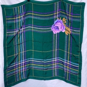 Vintage Silk Scarf, Green Plaid W/Purple Peony